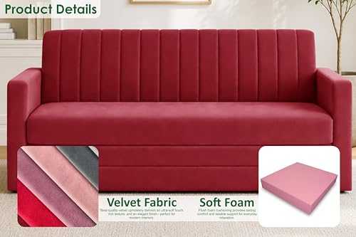 Image of Modern 3 Seater Sofa Cum Bed with Armrest, Velvet Fabric Couch for Living Room, Space Saving Foldable Sleeper Sofa, (Red-Color)