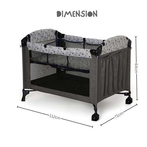 Image of Infanto Portable Baby Playpen Cum Cot with Travel Bag | Easy Fold Compact Design | 2 in 1 Functionality Crib | Double Layer Pad | Breathable Mesh Baby Bedside Crib with Playpen for Babies | Grey