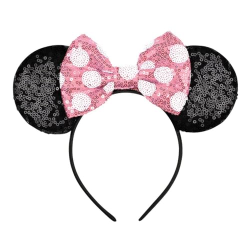 YUNISS Faixa de cabeça com orelhas de rato, diadema com purpurinas com laço de lantejoulas, diadema de decoração de festa para meninas e mulheres (rosa claro)