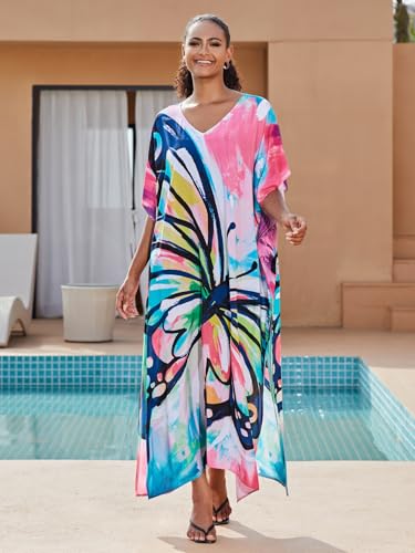 Image of KECVOT Kaftan Dresses for Women V-Neck Print Swimsuit Cover Up Plus Size Beach Caftan Lounge Dress