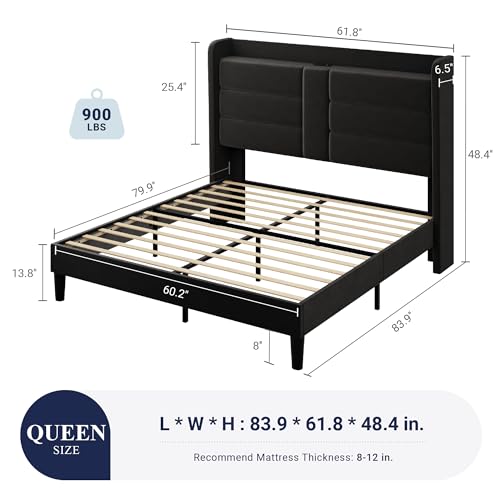 Allewie Queen Size Platform Bed Frame with Charging Station & Storage Headboard, Upholstered Velvet Wingback Design & USB Port, Strong Wooden Slats Support, No Box Spring Needed, Easy Assembly, Black - Thumbnail 2
