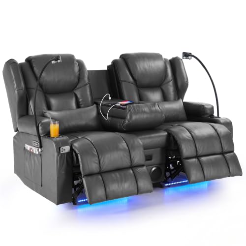 Image of Redlife Power Loveseat Recliner Sofa with Console, PU Leather Dual Reclining Couch with Blue LED Lights, Bluetooth Speaker, USB Ports,2 Phone Holder, Home Theater & RV Recliner (Gray)