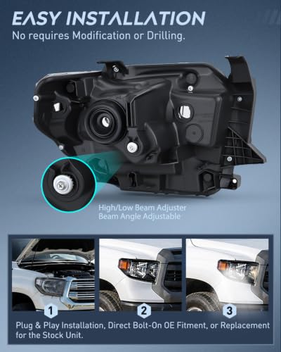 Image of Nilight Headlight Assembly Compatible for 2014-2021 Toyota Tundra | 2014 2015 2016 2017 2018 2019 2020 2021 SR5 /1794 /Limited /Platinum /SR /TRD Pro Headlamps with Black Housing clean Reflector