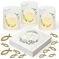 SEPGLITTER Windlicht Set mit 8 Stück, 36 Servietten und 60 Holzfisch-Deko für Kommunion, Taufe und Konfirmation
