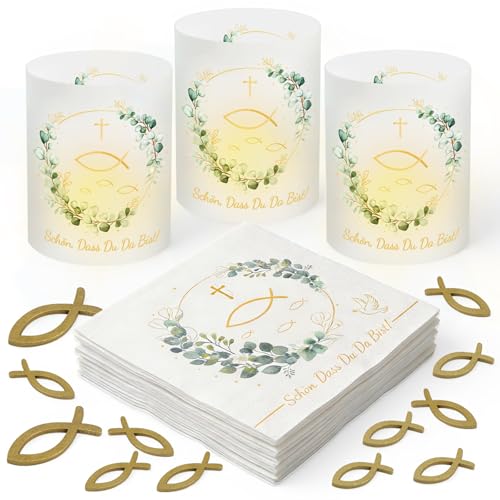 SEPGLITTER Windlicht Set mit 8 Stück 36 Servietten und 60 Holzfisch-Deko für Kommunion Taufe und Konfirmation