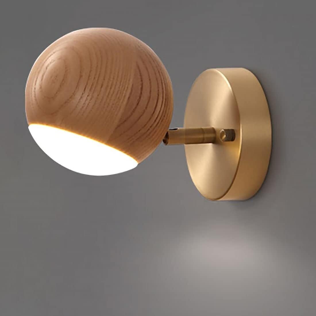 CWCQGH Indoor Wood LED Wall Light,Modern Round Brass Bedroom Wall Lamp with Adjustable,Wooden Wall Sconce for Living Room Corridor Hallway Bedside