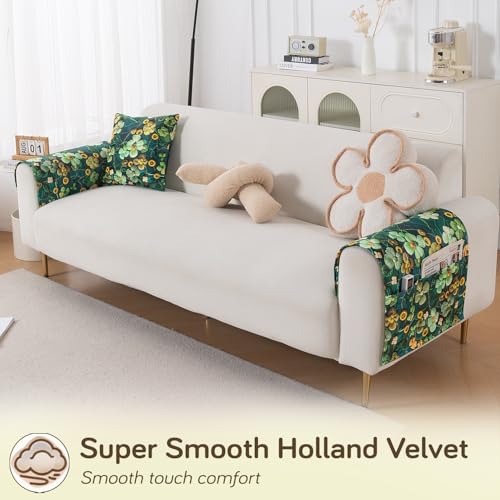 Image of HOKIPO 'Nature Muse' Premium HD Printed Holland Velvet Sofa Armrest Covers with Pockets | 1 Pair | Emerald Garden (IN-921-L-D4*2)