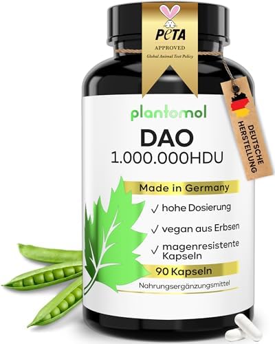90 DAO Kapseln - DAO vegan - 1.000.000 HDU pro Kapsel - plantomol® | DAO Enzym aus Erbsen für 90 histaminreiche Mahlzeiten - Diaminoxidase Kapseln vor dem Essen - max. 1 Kapsel am