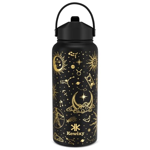 KEWIXY 32 oz Insulated Water Bottle with Straw, Golden Sparkle, Leak Proof, Stainless Steel with Flip Straw and Handle, Metal, Reusable, Wide Mouth, for Travel, Gym and School (Golden Tarot)