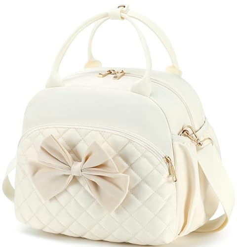 LEDAOU Lunch Box for Women, Quilted Insulated Lunch Bag, Puffy Lunch Tote with Adjustable Shoulder Strap for Work School Travel (Beige big bow, Regular 9L)