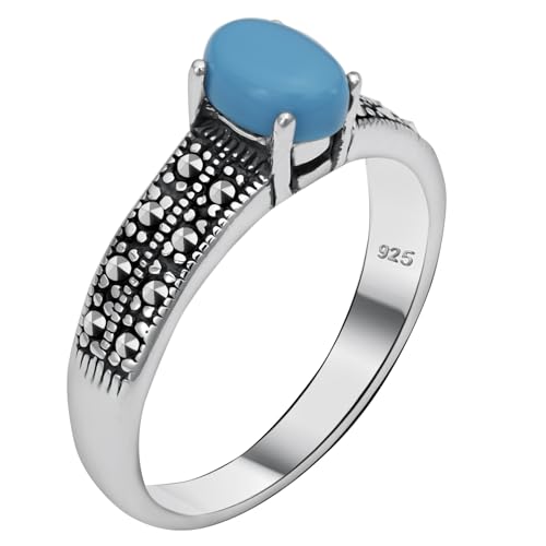 Alpha Rock Genuine Solid 925 Sterling Silver Simulated Oval Turquoise Marcasite Accents Halo Ring, Statement Engagement Promise Wedding Birthstone Oxidized Fine Ring, Gift for Women