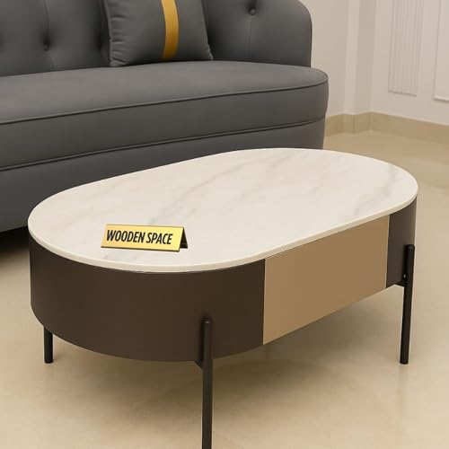Image of WOODEN SPACE Premium Marble-Top Center Table with Iron Legs | PVD Coated Modern Coffee Table for Living Room & Entryway | 42x24x18 Inches (Brown and Cream)