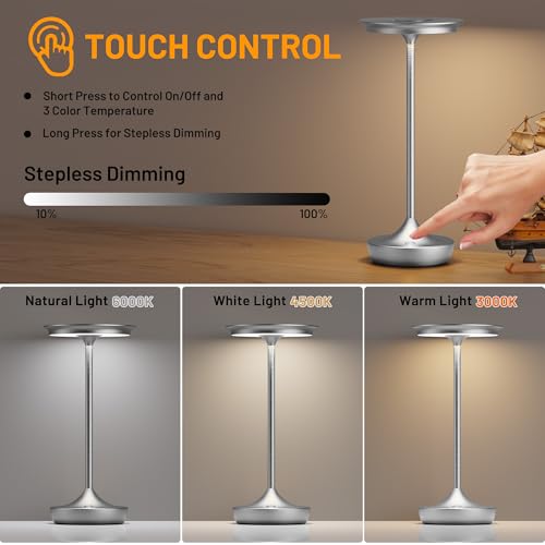 Image of LED Rechargeable Cordless Outdoor 6000mAh Battery Table Lamp 2-Pack Silver | Portable Waterproof 3 Color Stepless Dimmable Lights Memory Function for Patio Restaurant Bar Dining Room