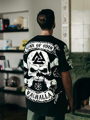 Viking Warrior T-Shirt Norse Mythology Nordic Rune Graphic Tee Odin Symbol Apparel Medieval Axe Shield Design,M-3XL2