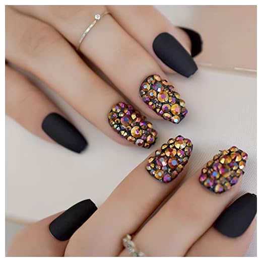 iMABC Pure Black False Nails With Rhinestones Designs Matte Medium Short Press On Tips Coffin Ballerina Nails 3D Diamond Fake Nail Set Full Cover Acrylic Nails Art 24 PC