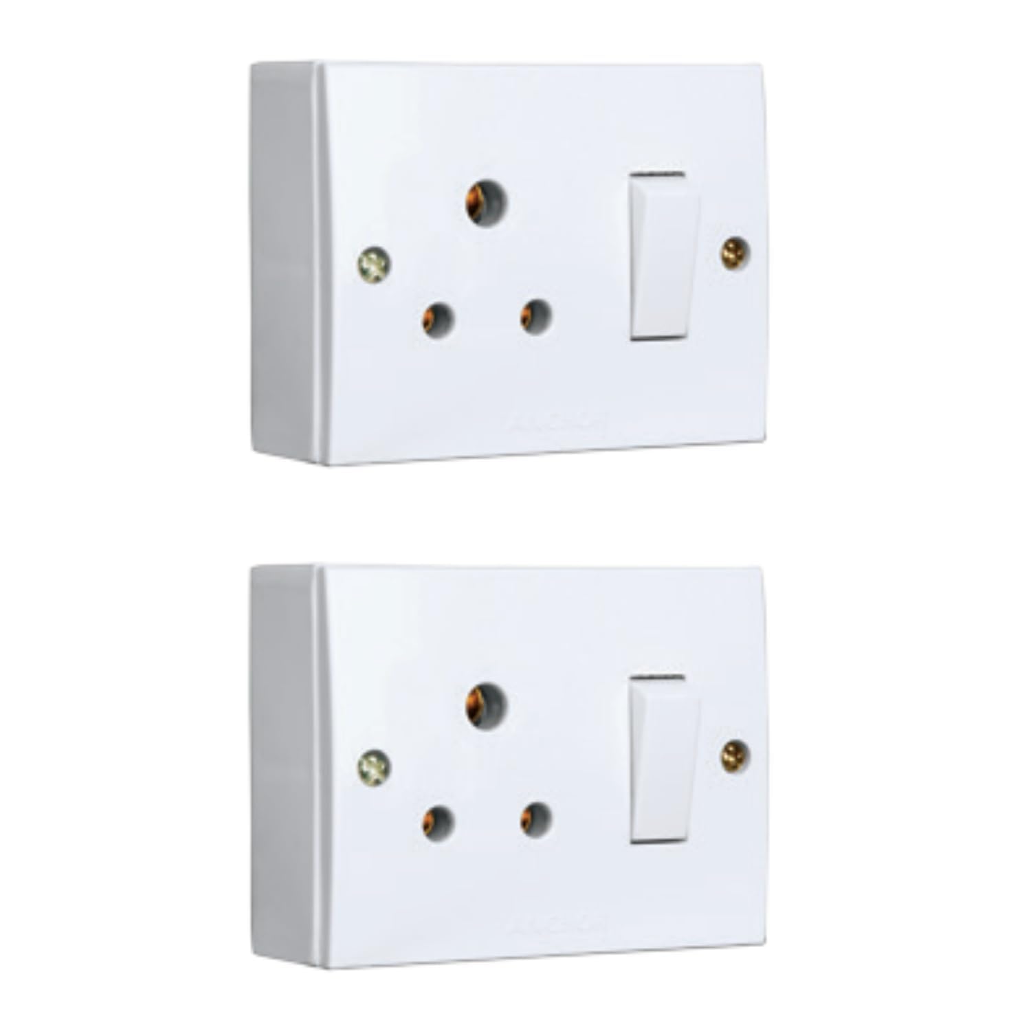 3-pin switched wall socket, white, pack of 2 | single socket, with on/off switch, surface mount, modular design, home & office use