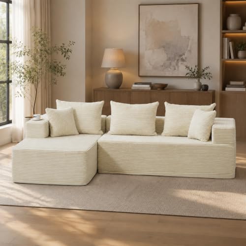 Image of 105'' Modular L-Shaped Boneless Sectional, Corduroy Deep Seat Cloud Sectional Couch, Small Space Sofa for Apartment Living Room Bedroom, No Assembly, Beige