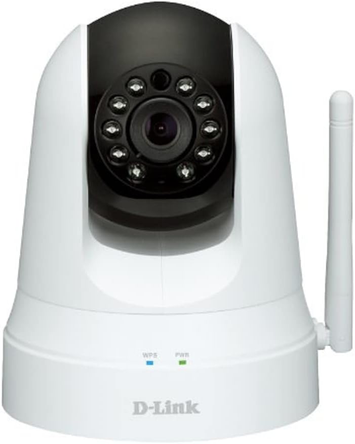 D-Link Pan & Tilt Wi-Fi Camera (DCS-5020L) showing the front view with lens, infrared LEDs, WPS and Power indicators, and antenna.