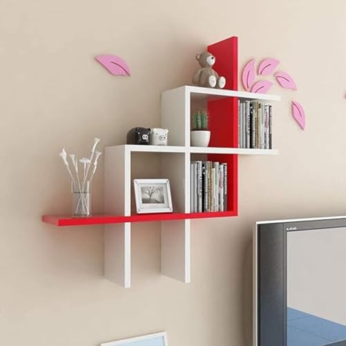 Image of Wooden Wall Shelves for Living Room, Kitchen, Hallway, Bedroom, and Bathroom; Wall Mounted Book Shelf; Wall Shelf for Photos and Decorations; Bend Shelve-White and Red
