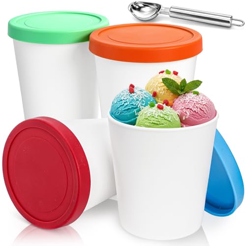 Peohud 4 Pack Ice Cream Containers, 1 Quart Freezer Storage Tubs with Silicone Lids and Spoon for Ice Cream, Sorbet and Gelato, Freezer Dishwasher Safe