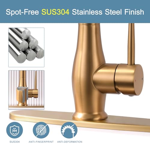 Image of GIMILI Gold Kitchen Faucet with LED Single Handle Kitchen Sink Faucet with Pull Down Sprayer Commercial Double-Headed Stainless Steel Kitchen Faucets Sink with Deck Plate