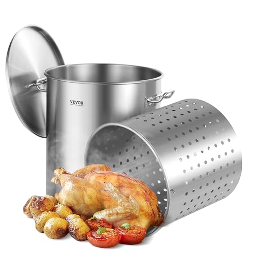 VEVOR Stainless Steel Stockpot 64 Quart Large Cooking Pots Cookware Sauce Pot with Basket Lid and Handle Heavy Duty Commercial Grade Stock Pot Sanding Treatment for Large Groups Events Silver
