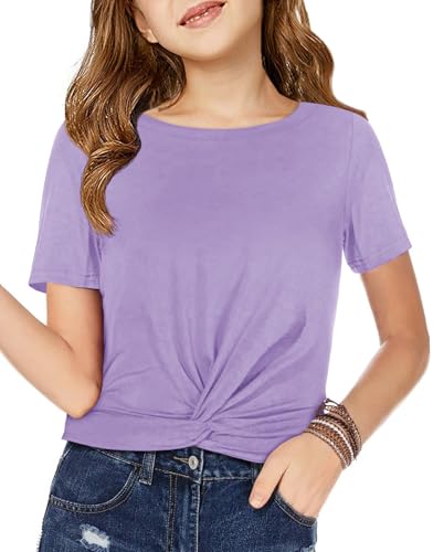Image of Haloumoning Girls Short Sleeve T Shirts Kids Summer Twist Front Crop Tops Fashion Tees 5-14 Years