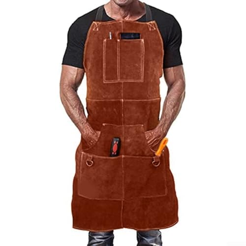 Delantal de soldadura, de cuero, resistente al calor, resistente al calor, con 6 bolsillos, ropa de trabajo de cuero vacuno, 60 x 90 cm, color marrón para hombre