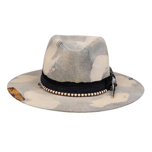 Image of RUEDIGER Vintage Wide Brim Fedora Hats 100% Wool Stiff Felt Hat Rancher Hat with Lightning Logo Handmade Distressed /Burned