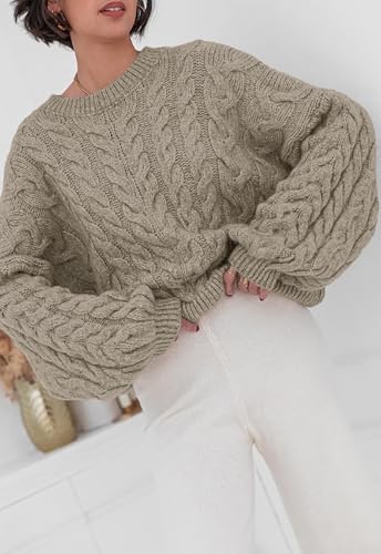 Image of PRETTYGARDEN Womens Sweaters Spring 2026 Cable Knit Long Sleeve Crewneck Oversized Sweater Chunky Pullover Loose Outfits