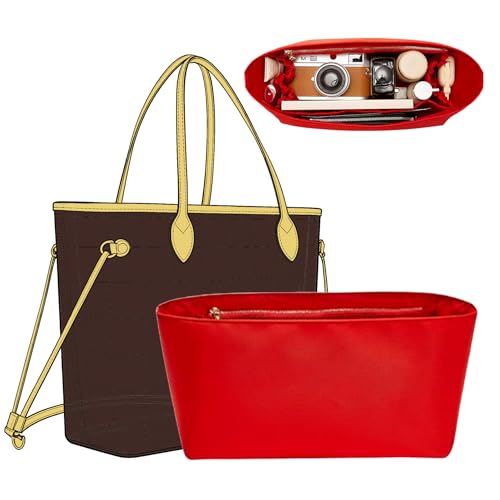 OAikor Soft Nylon Purse Organizer Insert for Lv Neverfull MM Tote Bag, Waterproof Lightweight Luxury Neverfull MM Organizer, Tote Handbags Divider Shaper with Cup Holder,Zipper Bags Inner Linner,Red