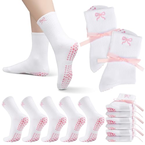 Jeyiour 5 Pairs Coquette Bow Socks for Women Pure Cotton Non Slip Pilate Grips Socks with Embroidered for Yoga Barre Ballet
