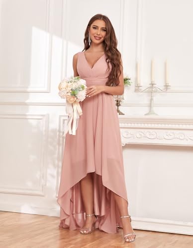 Image of Sukleet Chiffon Bridesmaid Dresses for Women with Pockets V Neck Ruched Short Formal Party Dress