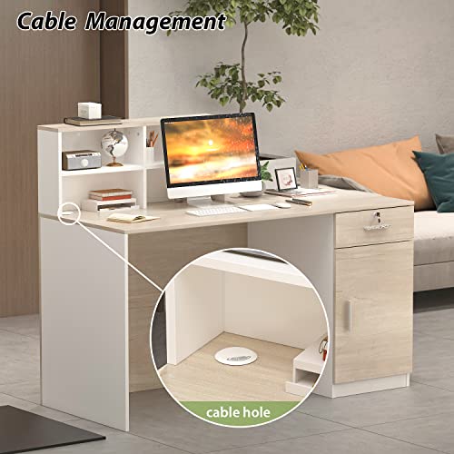 Aiegle Reception Desk With Counter, Reception Counter Desk With Lockable Srotage Drawers, For Salon Reception Room Checkout Office, Natrual (55.1" L X 23.6" W X 43.3" H) #TOP5