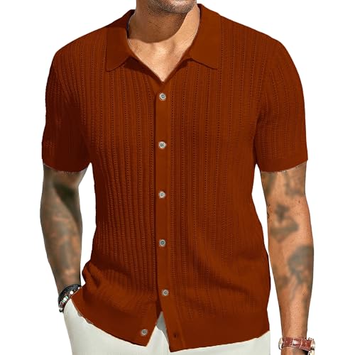 Men's Lapel Button Down Slim Fit Knit Top Vintage Textured Business Short Sleeves Casual Thin Knitted Cardigan (Brown 1,Large)