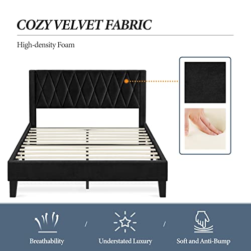 Yaheetech Queen Size Upholstered Bed Frame With Headboard And 2 Usb Charging Stations/Ports For Type A & Type C, Velvet Platform Bed Frame With Mattress Foundation And Wood Slat Support, Black #TOP6