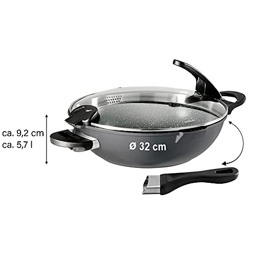 Foto von STONELINE Future Wok 32 cm, mit Sieb-Glasdeckel, mit austauschbaren Griffen, induktionsgeeignet, Aluguss, beschichtet mit echten Steinpartikeln, Grau, Wokpfanne mit Deckel