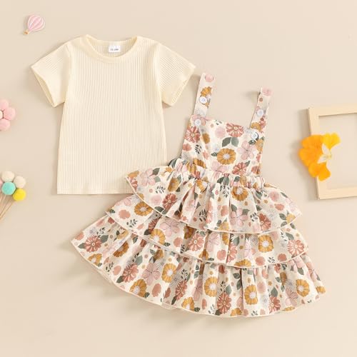 Image of Toddler Baby Girl Summer Clothes Kids Short Sleeve Solid T-Shirt Ruffle Daisy Skirts Overalls Dress Outfit 18M-6T