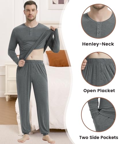 Image of NACHILA Mens Pajamas Set Long Sleeve Henley Sleepwear Top Soft Jogger Pants Pajamas Cool Pjs Set,Viscose Made from Bamboo