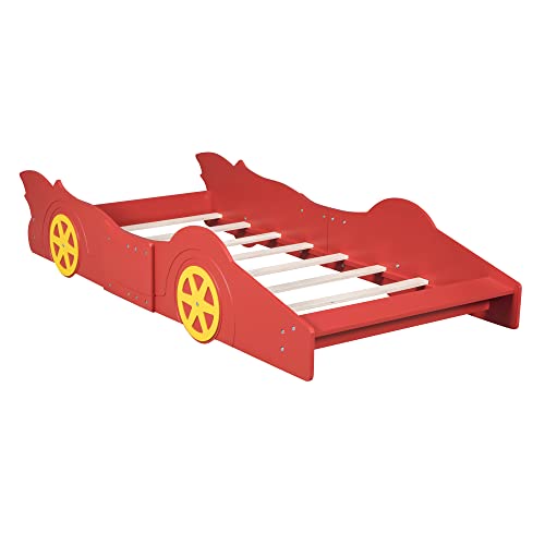 Race Car Bed Twin Size Platform Bed Frame, Car Shaped Bed With Wheels, Lightning Mcqueen Bed, Wood Twin Bed For Kids Boys & Girls, No Box Spring Needed (Red+Yellow) #TOP4