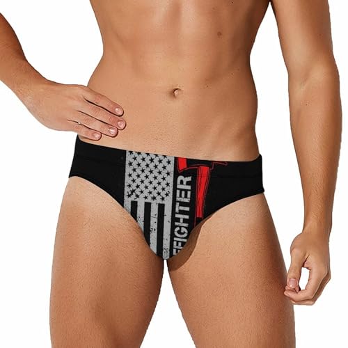 Men's Fashion Low-Rise Swimming Briefs Bikini Swimwear (American Thin Red Line Flag Firefighter Black)