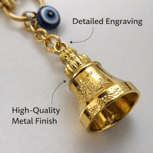 Image of Gold Guardian Bell For Bike Keychain with Evil Eye Charm - Good Luck Motorcycle Bell for Riders | Protective Biker Gift for Men, Women, Friends & Loved Ones | (Shiny Golden with Evil Eye)