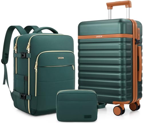 Image of Luggage Sets 3 Piece, Carry On Luggage 20In With Spinner Wheels,PC Hardside Suitcase Set with TSA Lock,Durable Carry On Suitcase With Travel Backpack for Men (Dark Green, 3 piece set (BP /20inch))
