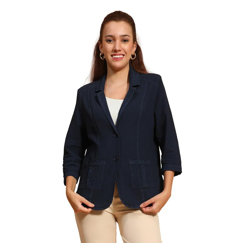 Women Open Collar 3/4 Sleeve Button Down Cotton Blazer with Pockets-image-21
