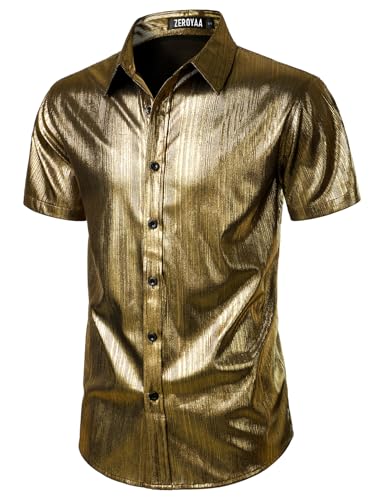 ZEROYAA Men 70s Shiny Short Sleeve Button Down Shirt Fashion Sparkle Disco Dress Shirts2