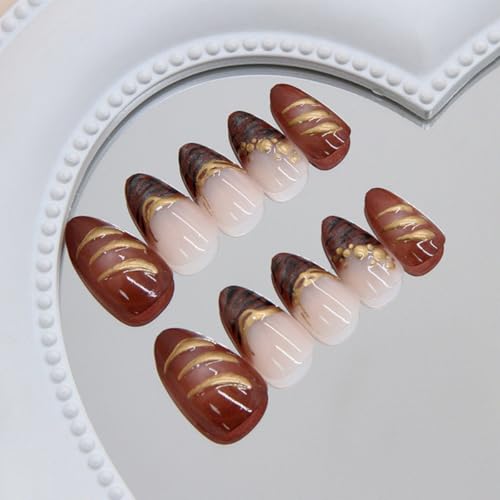 Image of Brown Press on Nails French Tip Fake Nails Medium Almond False Nail with Gold Design Fall Stick on Nail Glossy Full Cover Reusable Artificial Acrylic Flower Glue on Nails for Women Manicure 24Pcs
