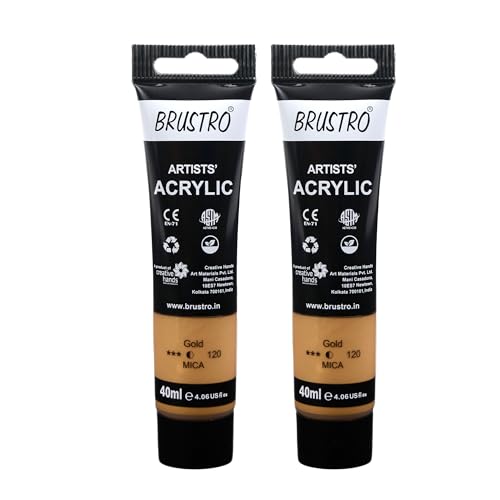 Image of BRUSTRO Artists Acrylic Paint Tube | 40ml, Gold (Pack of 2)|Non-Toxic, Water Based, Inter Mixable, Ideal for Painting, Textured Effects on Canvas, Paper, Fine Art Student and Professionals