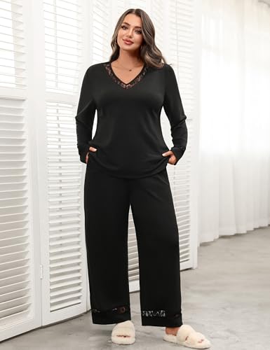 Blooming Jelly Women Plus Size Pajamas Sets Cute Lace Lounge Set Long Sleeve Pj Sets V Neck Loungewear Fall Outfit4