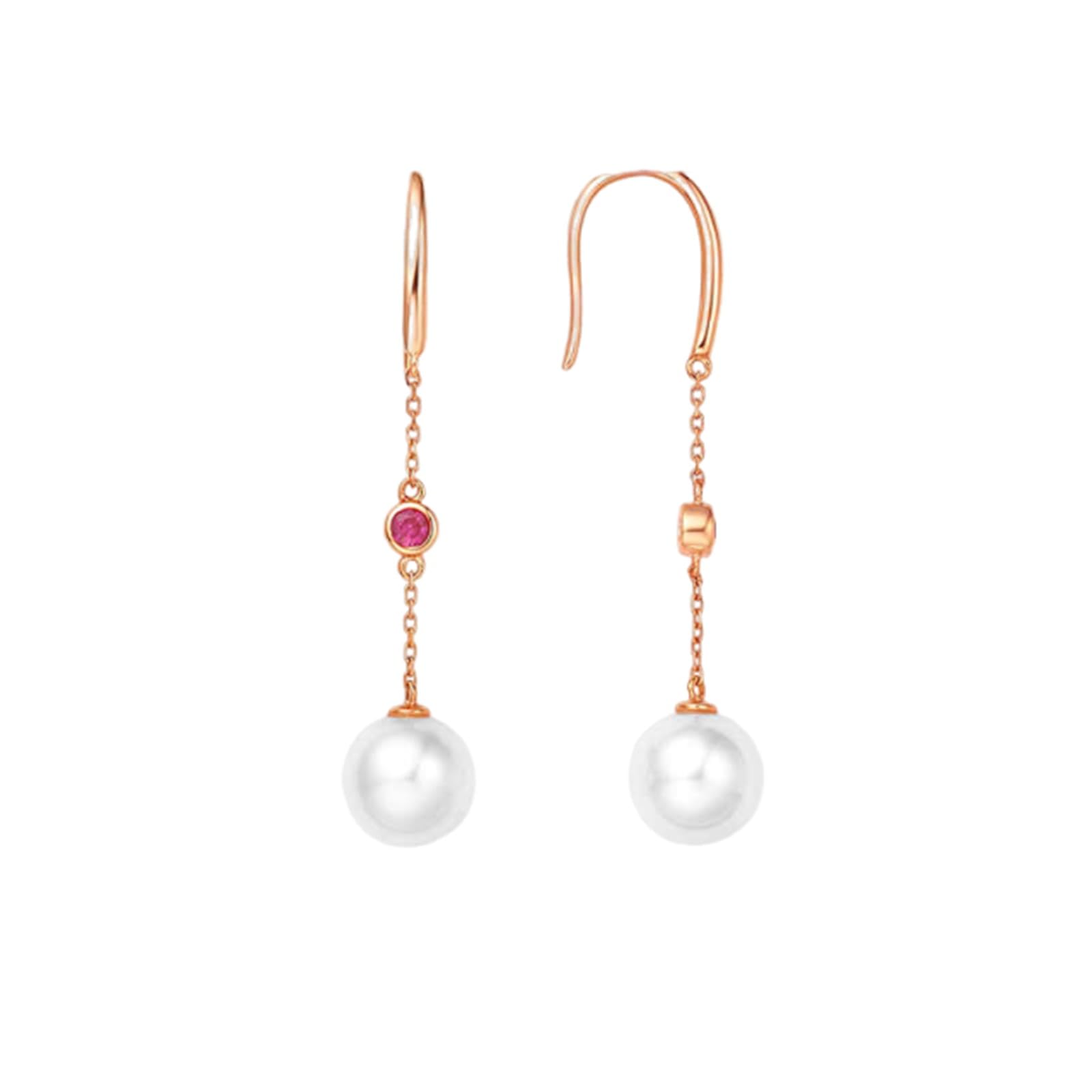 Ohrhänger Rosegold, Damenohrringe mit Anhänger aus Rubin und Perle, 7,5–8 mm