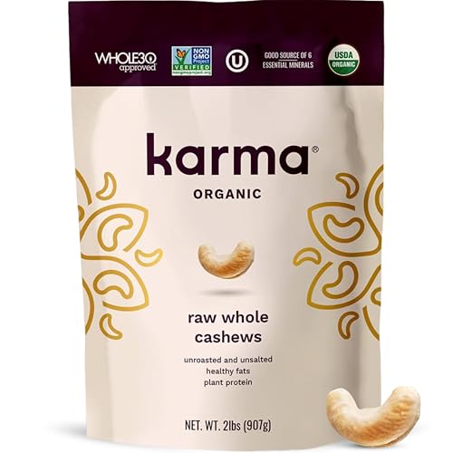 Image of Organic Cashews by Karma Nuts, Vegan, Gluten Free, Low Net Carb, Natural, Everyday Nut Snack, Great For Baking, Resealable Bulk 32oz Bag (Resealable Bulk 32oz Bag, Organic Raw Whole Cashews)